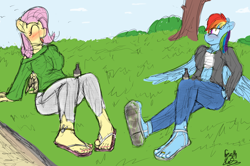 Size: 3604x2395 | Tagged: safe, artist:fetishsketches, angel bunny, fluttershy, rainbow dash, pegasus, anthro, plantigrade anthro, g4, anklet, blushing, clothes, commission, doodle, drink, duo, feet, flip-flops, high res, jeans, nail polish, pants, park, sandals, short shirt, sitting, tattoo, toe ring, toenail polish