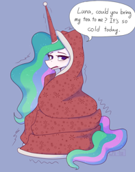 Size: 1706x2160 | Tagged: safe, artist:puetsua, edit, editor:totallynotanoob, princess celestia, alicorn, pony, g4, blanket, cold, coldlestia, female, horn, horn sleeve, implied princess luna, lidded eyes, mare, open mouth, question, shivering, simple background, solo, speech bubble