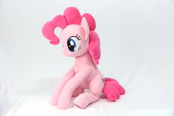 Size: 4096x2731 | Tagged: safe, artist:shunnkai, pinkie pie, earth pony, pony, g4, female, irl, mare, photo, plushie, side view, sitting, smiling, solo