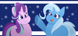 Size: 1000x471 | Tagged: safe, artist:heartbeat420, starlight glimmer, trixie, pony, unicorn, g4, blushing, cute, diatrixes, duo, female, glimmerbetes, mare, open mouth, raised hoof, smiling