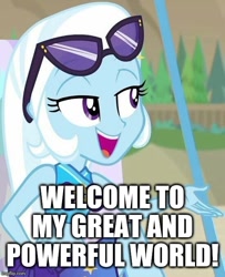 Size: 550x677 | Tagged: safe, edit, edited screencap, screencap, trixie, equestria girls, equestria girls specials, g4, my little pony equestria girls: better together, my little pony equestria girls: forgotten friendship, caption, clothes, image macro, imgflip, sunglasses, sunglasses on head, swimsuit, text