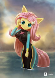 Size: 1000x1407 | Tagged: safe, artist:howxu, fluttershy, anthro, breasts, busty fluttershy, clothes, cute, equestria girls outfit, female, legs in the water, legs together, shyabetes, solo, standing in water, swimsuit, wetsuit