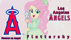Size: 1280x720 | Tagged: safe, edit, edited screencap, screencap, fluttershy, equestria girls, equestria girls series, g4, so much more to me, clothes, dress, looking at you, los angeles angels, microphone, mlb, open mouth, wallpaper