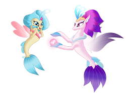 Size: 2803x2140 | Tagged: safe, artist:nightpaint12, princess skystar, queen novo, seapony (g4), g4, my little pony: the movie, bioluminescent, blue eyes, colored pupils, colored wings, crown, dorsal fin, eyelashes, female, fin wings, fins, fish tail, flower, flower in hair, freckles, glowing, high res, jewelry, like mother like daughter, like parent like child, looking at each other, mother and child, mother and daughter, necklace, open mouth, pearl necklace, purple eyes, queen novo's orb, regalia, signature, simple background, smiling, tail, transparent background, wings