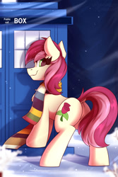 Size: 1500x2250 | Tagged: safe, artist:shadowreindeer, roseluck, earth pony, pony, g4, butt, clothes, crossover, cute, dock, doctor who, featureless crotch, implied doctor whooves, plot, rosebutt, scarf, solo, tardis