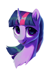 Size: 2480x3508 | Tagged: safe, artist:loonya, twilight sparkle, pony, unicorn, g4, bust, chest fluff, curved horn, high res, horn, looking at you, portrait, simple background, smiling, smiling at you, solo, transparent background