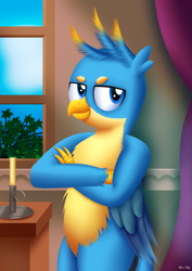 Size: 2480x3508 | Tagged: safe, artist:leonkay, gallus, griffon, g4, candle, crossed arms, high res, solo