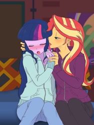 Size: 1620x2160 | Tagged: safe, artist:haibaratomoe, sci-twi, sunset shimmer, twilight sparkle, equestria girls, blushing, cute, duo, duo female, ear licking, eyes closed, female, lesbian, licking, loose hair, missing accessory, open mouth, scitwishimmer, shimmerbetes, shipping, sunsetsparkle, tongue out, twiabetes