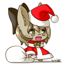 Size: 520x520 | Tagged: safe, artist:dsp2003, oc, oc only, oc:stone, earth pony, pony, bipedal, blush sticker, blushing, chibi, christmas, clothes, costume, female, hat, holiday, mare, open mouth, padoru, santa costume, santa hat, simple background, style emulation, transparent background