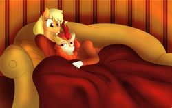 Size: 2850x1800 | Tagged: safe, artist:sixes&sevens, applejack, autumn blaze, anthro, g4, autumnjack, blanket, couch, female, lesbian, pillow, shipping, snuggling