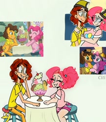 Size: 1747x2015 | Tagged: safe, artist:citi, idw, cheese sandwich, pinkie pie, human, g4, spoiler:comic94, clothes, cutie mark, cutie mark on clothes, dating, female, food, humanized, ice cream, male, scene interpretation, ship:cheesepie, shipping, straight