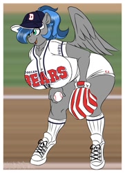 Size: 755x1040 | Tagged: safe, artist:littlebibbo, artist:shaydraws, color edit, edit, oc, oc only, oc:bibbo, pegasus, anthro, unguligrade anthro, ball, baseball, baseball cap, baseball glove, bent over, big breasts, breasts, cap, clothes, colored, female, freckles, hat, holding, huge breasts, mare, open mouth, shoes, shorts, smiling, sneakers, solo, sports, stadium