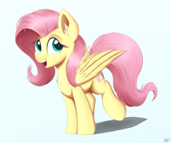 Size: 3000x2503 | Tagged: safe, artist:arcane-thunder, fluttershy, pegasus, pony, g4, chest fluff, cute, daaaaaaaaaaaw, ear fluff, female, high res, looking at you, mare, open mouth, raised leg, shyabetes, simple background, smiling, solo, spread wings, standing, stray strand, three quarter view, white background, wings