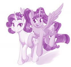 Size: 1280x1202 | Tagged: safe, artist:dstears, rarity, twilight sparkle, alicorn, pony, g4, alternate hairstyle, cute, digital art, female, friends, mare, pigtails, raribetes, simple background, smiling, twiabetes, twilight sparkle (alicorn), twintails, white background