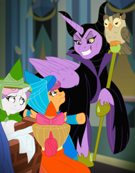Size: 7810x10000 | Tagged: safe, artist:faitheverlasting, apple bloom, owlowiscious, scootaloo, sweetie belle, twilight sparkle, alicorn, bird, earth pony, owl, pegasus, pony, unicorn, g4, absurd resolution, crossover, cutie mark crusaders, disney, evil grin, female, filly, grin, maleficent, mare, sleeping beauty, smiling, story in the source, twilight sparkle (alicorn)