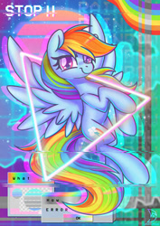 Size: 1920x2716 | Tagged: safe, artist:wavecipher, rainbow dash, pegasus, pony, g4, heart, heart eyes, looking at you, smiling, smiling at you, solo, spread wings, triangle, vaporwave, wingding eyes, wings