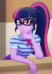 Size: 1980x2800 | Tagged: safe, artist:whitequartztheartist, sci-twi, twilight sparkle, equestria girls, g4, glasses, leaning, solo