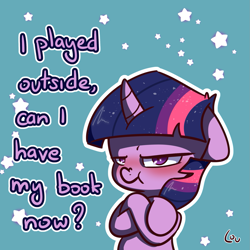 Size: 1625x1625 | Tagged: safe, artist:lou, twilight sparkle, pony, unicorn, g4, blushing, book, crossed hooves, cute, dialogue, female, filly, filly twilight sparkle, floppy ears, foal, grumpy, grumpy twilight, hnnng, lidded eyes, looking at you, scrunchy face, skewed priorities, solo, stars, that pony sure does love books, that pony sure does love studies, twiabetes, unicorn twilight, younger
