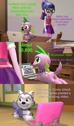 Size: 1920x3240 | Tagged: safe, artist:red4567, sci-twi, spike, spike the regular dog, twilight sparkle, dog, equestria girls, g4, reboxing with spike!, spoiler:eqg series (season 2), 3d, computer, crossover, everest (paw patrol), laptop computer, paw patrol, source filmmaker, youtuber