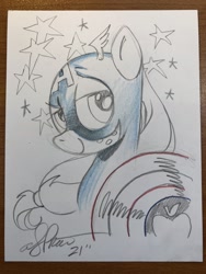 Size: 1536x2048 | Tagged: safe, artist:andypriceart, applejack, earth pony, pony, g4, captain america, clothes, cosplay, costume, crossover, female, lidded eyes, mare, smiling, traditional art