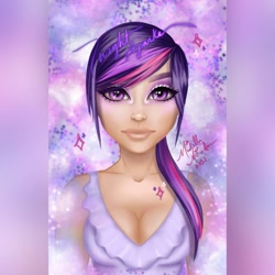 Size: 1080x1080 | Tagged: safe, artist:artisticallymichelle, twilight sparkle, human, g4, abstract background, breasts, bust, cleavage, clothes, eyelashes, female, humanized, makeup, smiling, solo
