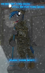 Size: 2500x4000 | Tagged: safe, artist:kamithepony, oc, oc only, oc:atom bomb, pegasus, pony, cigarette, clothes, female, military, military uniform, mop, snow, solo, standing, text, uniform
