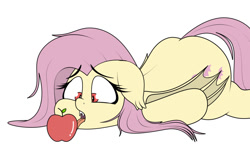Size: 1124x688 | Tagged: safe, artist:blitzyflair, fluttershy, bat pony, pony, g4, apple, bat ponified, eyelashes, face down ass up, fangs, female, flutterbat, food, licking, looking at something, lying down, mare, open mouth, race swap, simple background, solo, tongue out, white background