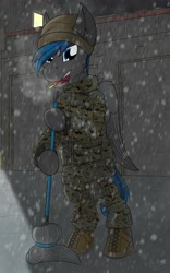 Size: 2500x4000 | Tagged: safe, alternate version, artist:kamithepony, oc, oc only, oc:atom bomb, pegasus, pony, cigarette, clothes, female, military, military uniform, mop, snow, solo, standing, text, uniform