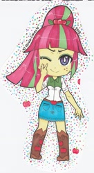 Size: 1632x3004 | Tagged: safe, artist:icy-daydreams, sour sweet, equestria girls, g4, applejack's cowboy boots, boots, clothes, clothes swap, cowboy boots, female, one eye closed, peace sign, shoes, signature, solo, traditional art, wink