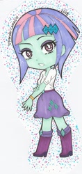 Size: 1344x2848 | Tagged: safe, artist:icy-daydreams, sunny flare, equestria girls, g4, boots, bracelet, chibi, clothes, clothes swap, cutie mark, cutie mark on clothes, female, jewelry, rarity's purple boots, shoes, signature, skirt, solo, traditional art