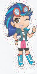 Size: 1452x2884 | Tagged: safe, artist:icy-daydreams, indigo zap, human, equestria girls, g4, :d, boots, bracelet, clothes, clothes swap, compression shorts, confident, cutie mark, cutie mark on clothes, ear piercing, earring, female, goggles, goggles on head, hand on hip, human coloration, jewelry, knee-high boots, looking at you, multicolored hair, one eye closed, open mouth, peace sign, piercing, shoes, shorts, shorts under skirt, signature, skirt, smiling, smiling at you, socks, solo, tomboy, traditional art, wink, winking at you, wristband