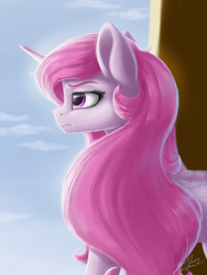 Size: 1500x2000 | Tagged: safe, artist:evedizzy26, princess celestia, alicorn, pony, g4, blurry background, female, folded wings, long mane, looking forward, mare, pink-mane celestia, profile, signature, sky, solo, wings, younger