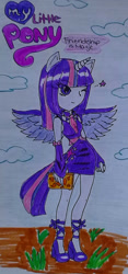Size: 845x1805 | Tagged: safe, artist:amyrosexshadowlover, twilight sparkle, alicorn, human, g4, alicorn humanization, boots, clothes, cloud, female, horn, horned humanization, humanized, one eye closed, outdoors, shoes, skirt, solo, traditional art, twilight sparkle (alicorn), winged humanization, wings, wink