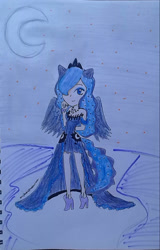Size: 1037x1616 | Tagged: safe, artist:amyrosexshadowlover, princess luna, human, g4, clothes, crescent moon, dress, female, high heels, humanized, jewelry, moon, outdoors, shoes, smiling, solo, tiara, traditional art, winged humanization, wings