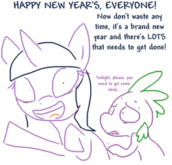 Size: 626x600 | Tagged: safe, artist:weaver, spike, twilight sparkle, g4, happy new year, holiday, shrunken pupils, sketch, sleep deprivation, twilight snapple