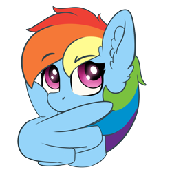 Size: 4000x4000 | Tagged: safe, artist:yelowcrom, rainbow dash, pegasus, pony, g4, bust, ear fluff, emoji, female, mare, simple background, solo, thinking, transparent background, wing hands, wings, 🤔