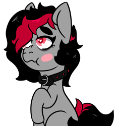 Size: 891x952 | Tagged: safe, artist:lazerblues, oc, oc only, oc:miss eri, earth pony, pony, black and red mane, collar, earth pony oc, female, simple background, sitting, solo, transparent background, two toned mane, wavy mouth