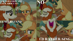 Size: 2000x1125 | Tagged: safe, edit, edited screencap, editor:quoterific, screencap, applejack, autumn blaze, earth pony, kirin, pony, g4, sounds of silence, applejack's hat, cowboy hat, duo, eyes closed, female, hat, open mouth, sad