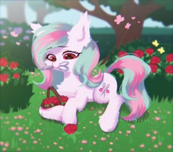 Size: 1700x1491 | Tagged: safe, artist:astralblues, oc, oc only, butterfly, earth pony, pony, basket, chest fluff, ear fluff, flower, hoof fluff, leg fluff, lying down, rose, scissors, solo