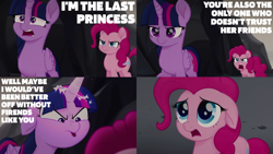 Size: 2000x1125 | Tagged: safe, edit, edited screencap, editor:quoterific, screencap, pinkie pie, twilight sparkle, alicorn, earth pony, pony, g4, my little pony: the movie, angry, argument, duo, duo female, female, floppy ears, open mouth, sad, sparkles, twilight sparkle (alicorn)