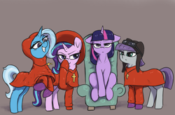 Size: 1695x1110 | Tagged: safe, artist:t72b, maud pie, starlight glimmer, trixie, twilight sparkle, earth pony, pony, unicorn, g4, boop, chair, clothes, cross, crossover, evil smile, gloves, goggles, graveyard of comments, grin, hat, historical roleplay starlight, meme, monty python, monty python's flying circus, rearing, scene interpretation, self-boop, sitting, smiling, spanish inquisition, twilight sparkle is not amused, unamused, unexpected