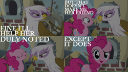 Size: 2000x1125 | Tagged: safe, edit, edited screencap, editor:quoterific, screencap, gilda, pinkie pie, earth pony, griffon, pony, g4, the lost treasure of griffonstone, breaking the fourth wall, duo, duo female, eyes closed, female, open mouth