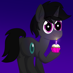 Size: 6616x6600 | Tagged: safe, artist:agkandphotomaker2000, oc, oc only, oc:endy, pony, unicorn, birthday, birthday art, butt, candle, cupcake, food, looking at you, plot, simple background, solo