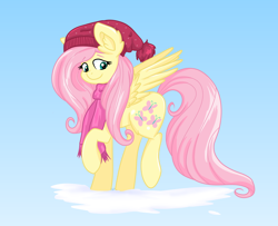 Size: 3814x3095 | Tagged: safe, artist:dreamy990, fluttershy, pegasus, pony, g4, clothes, cute, ear fluff, female, hat, high res, mare, raised hoof, raised leg, scarf, shyabetes, smiling, snow, solo, spread wings, wings, winter outfit