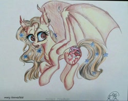 Size: 604x475 | Tagged: safe, artist:maryhoovesfield, oc, oc only, bat pony, pony, bat pony oc, bat wings, eyelashes, fangs, female, mare, signature, solo, traditional art, wings