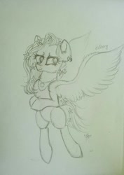 Size: 724x1024 | Tagged: safe, artist:maryhoovesfield, oc, oc only, pegasus, pony, bipedal, eyelashes, female, grayscale, lineart, mare, monochrome, pegasus oc, signature, solo, traditional art, wings