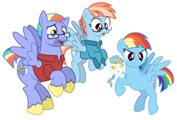Size: 1280x870 | Tagged: safe, artist:aleximusprime, bow hothoof, rainbow dash, windy whistles, oc, oc:misty blitz, pony, fanfic:calming of the storm, flurry heart's story, g4, angry, clothes, female, flying, glasses, husband and wife, male, mama dash, offspring, older, parent:oc:thunderhead, parent:rainbow dash, parents:canon x oc, shirt, shocked, shorter hair