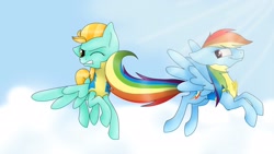 Size: 1920x1080 | Tagged: safe, artist:emalajiss36, lightning dust, rainbow dash, pegasus, pony, g4, clothes, cloud, duo, eyelashes, female, flying, jerk, mare, one eye closed, smiling, uniform, wings, wink, wonderbolt trainee uniform