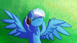 Size: 1024x576 | Tagged: safe, artist:exobass, oc, oc only, oc:exobass, pegasus, pony, grass, headphones, lying down, music, pegasus oc, smiling, stretching, summer, wings