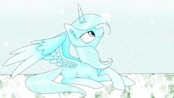 Size: 1920x1080 | Tagged: safe, artist:emalajiss36, oc, oc only, alicorn, pony, alicorn oc, eyelashes, horn, looking up, lying down, prone, smiling, snow, snowflake, wings